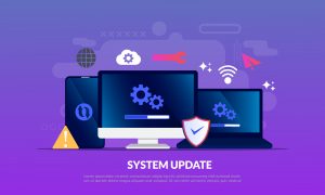 Graphic depicting devices going through system updates with a purple and pink background. Image licensed through Adobe Stock.