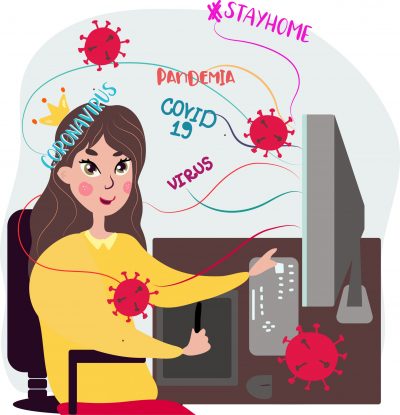 Girl sitting at computer freelancing with drawing tablet while getting overwhelmed by social media from the internet about the coronavirus spreading the globe. Image licensed through Adobe Stock.