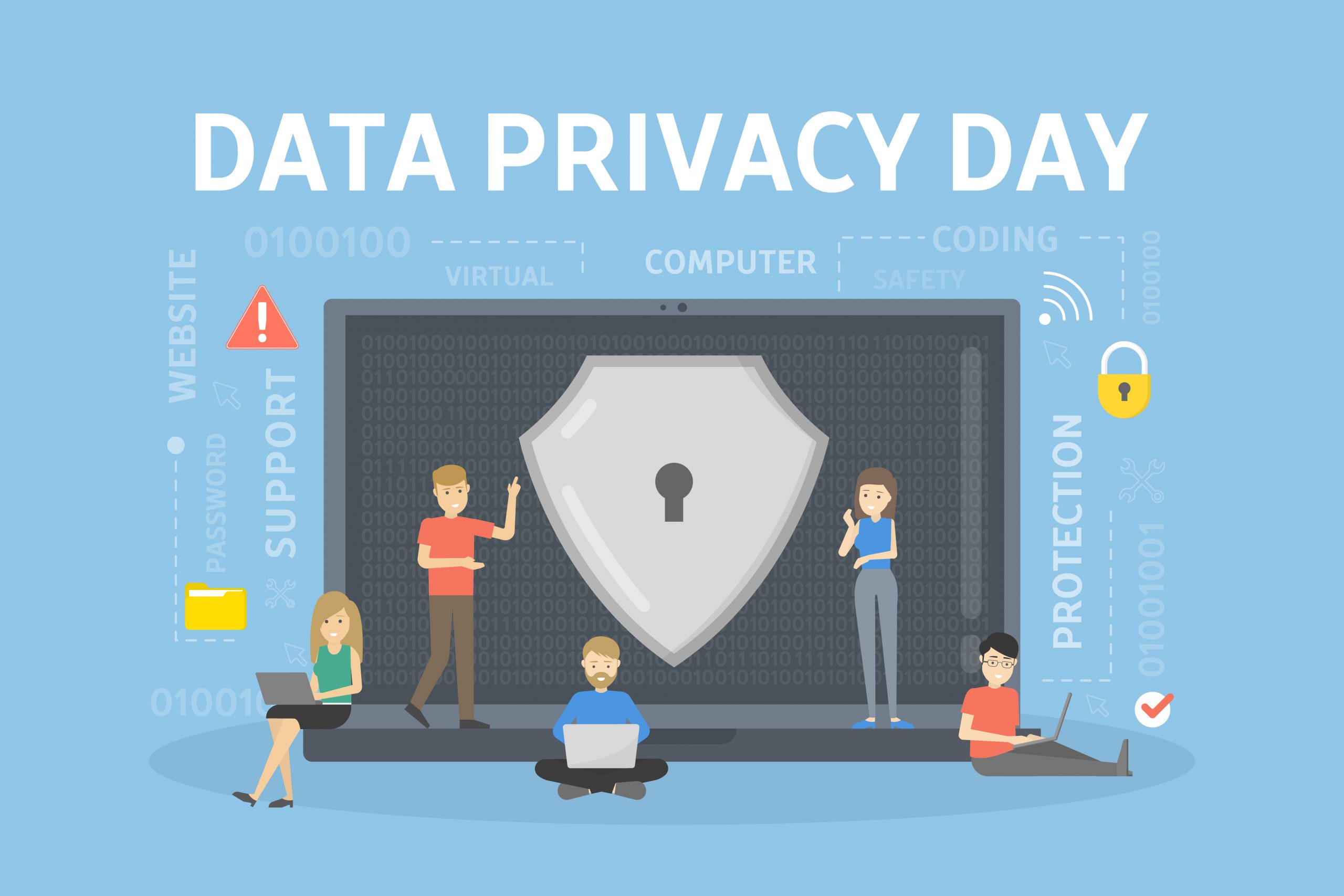 A blue image with an illustration of small people walking around over a computer with a lock on it promoting Data Privacy Day. Image licensed through Adobe Stock.