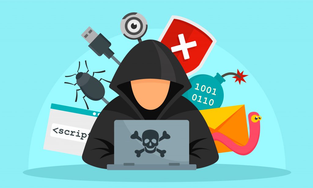 Flat illustration of a hacker doing activity like sending malware, viruses, etc. Image licensed through Adobe Stock.