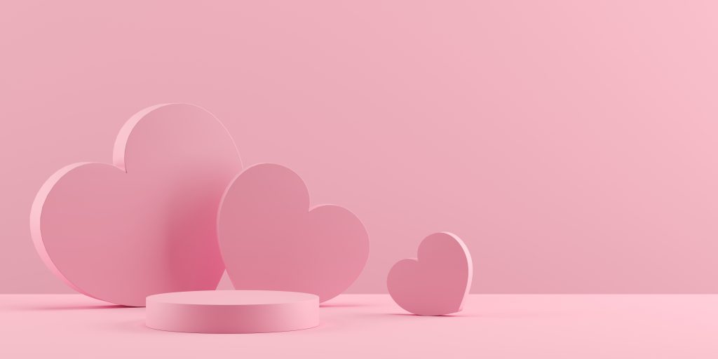 Pink 3D hearts in abstract background minimal style for branding product presentation on Valentine's day. Mock up scene with empty space. Image licensed through Adobe Stock.