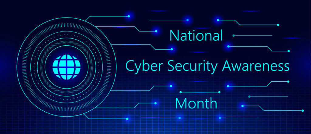 Ain image withpale green lines like a circuit board over a dark blue-violet background and the words National Cyber Security Month in pale green on the center left. Image licensed through Adobe Stock.