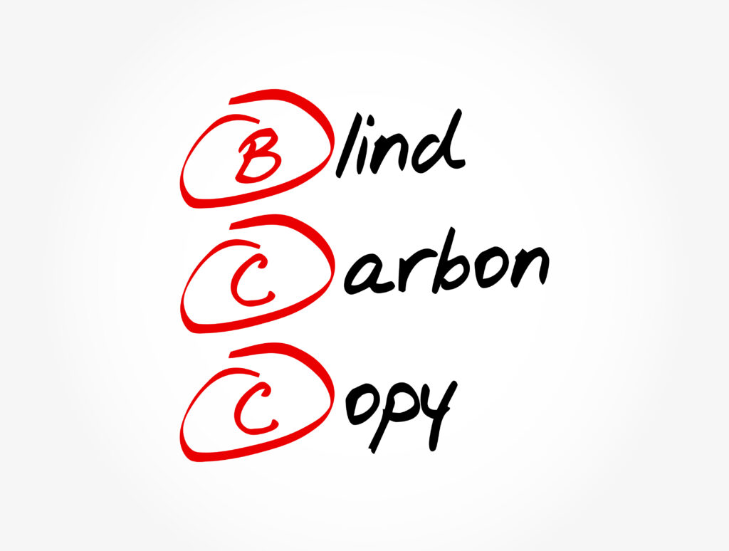 The words "Blind Carbon Copy" in a handwritten font on a white background with the first letter circled in red and the rest letters of each line in black. Image licensed through Adobe Stock.